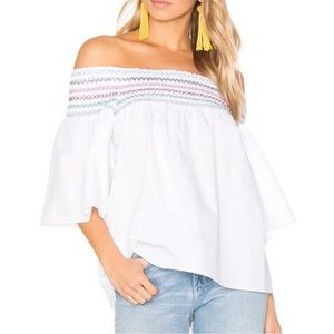 Parker Revolve Yasmin white and Rainbow Smocked Off Shoulder Cotton shirt SZ XS